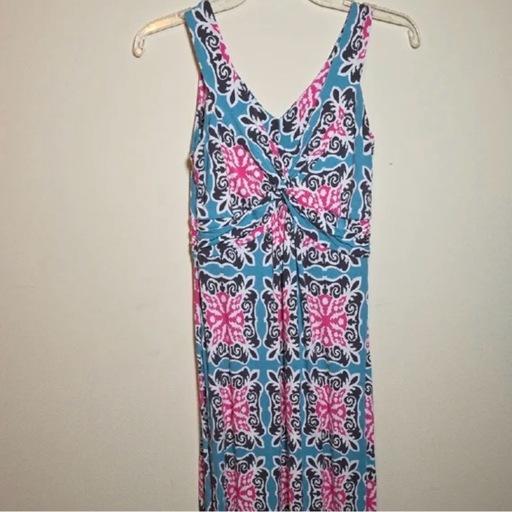 Boden Sleeveless Maxi Dress in Teal, Pink & Black Tile Print